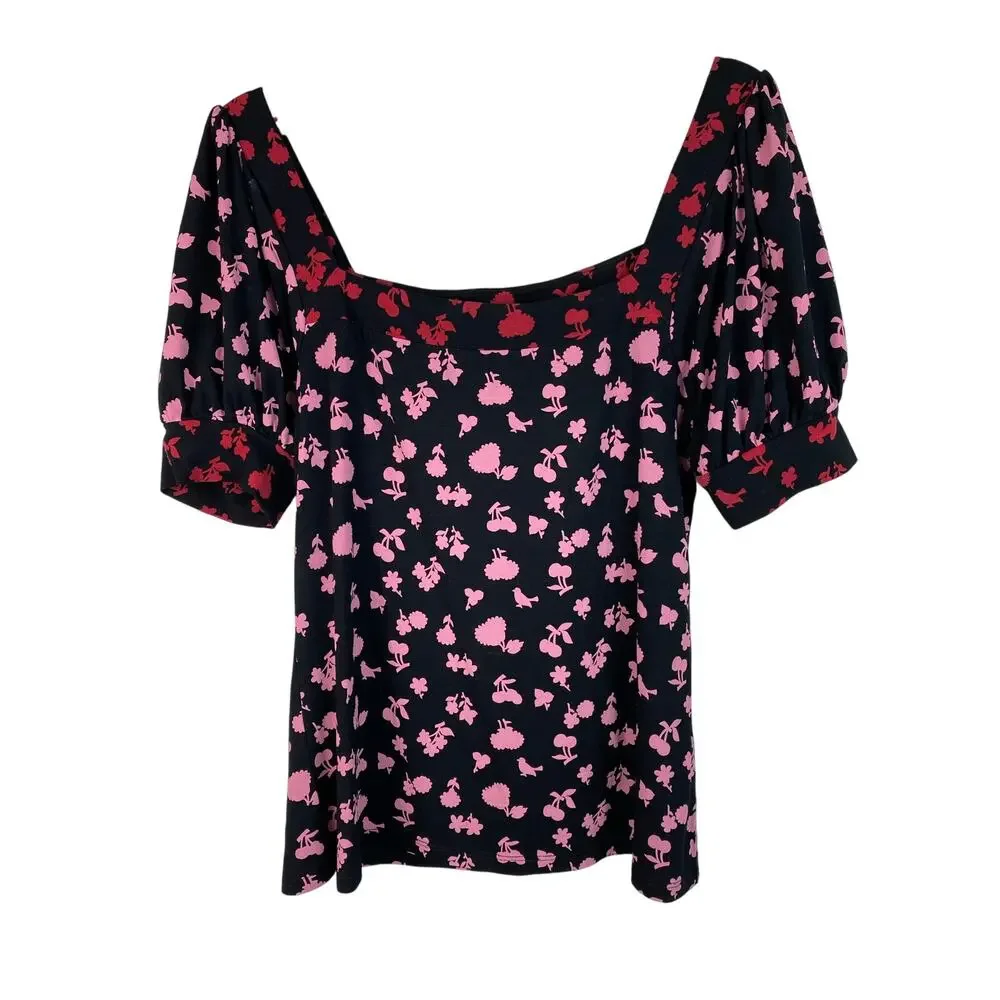 Boden Women's Size 8 Black Red Pink Puff Sleeve Square Neck Top *‎